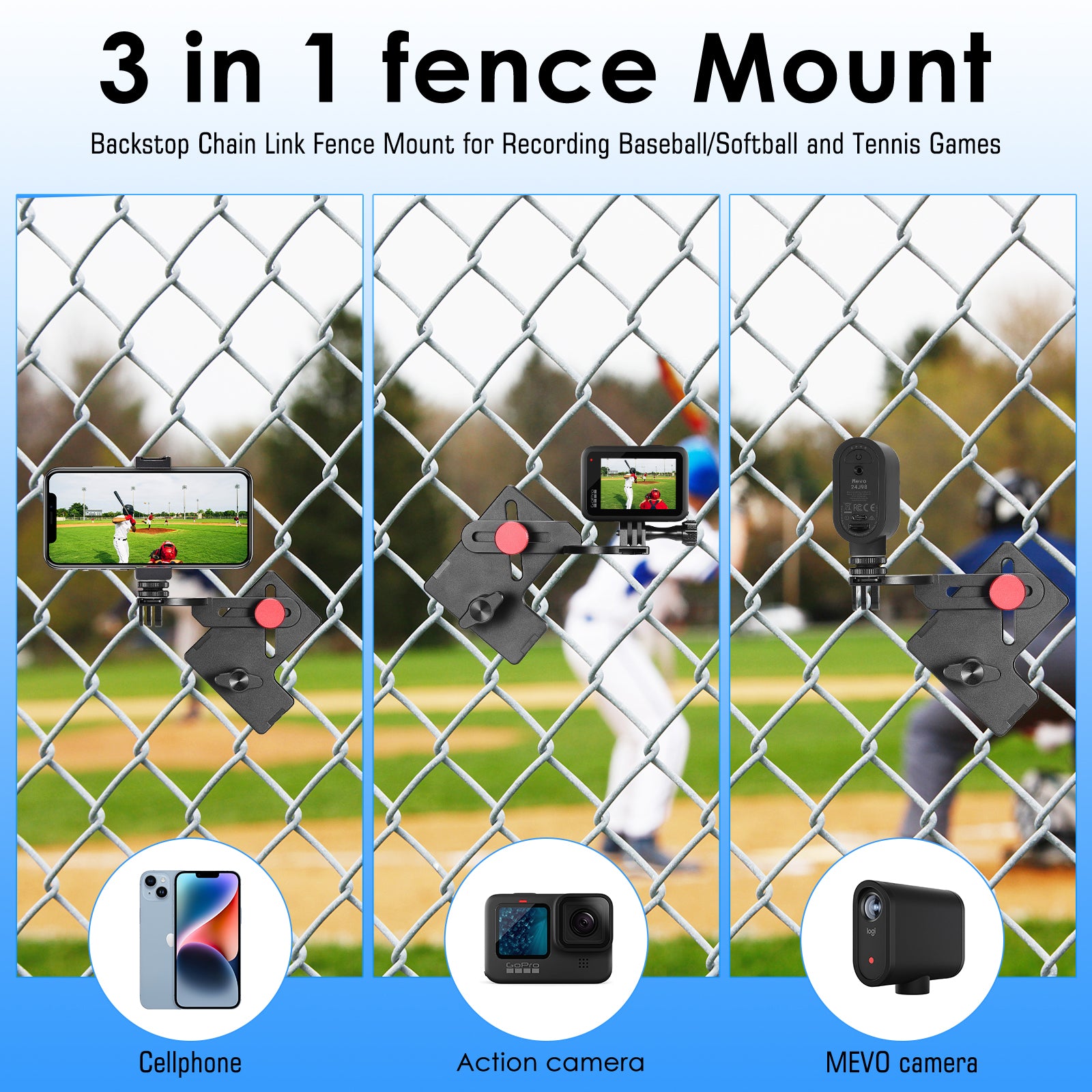 Fence Mount for Mevo Start, iPhone, Phones, GoPro Hero 12, 11, 10, 9, 8, 7, 6, 5, 4, Session, 3+, 3, 2, 1, Hero (2018), DJI Osmo Action, AKASO, SJCAM, Action Cameras