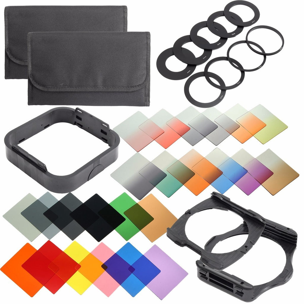 17pcs Square Color Filters + 3pcs Graduated Filter Set G.ND2 G.ND4 G.N8 + 4pcs Neutral Density ND Filter Set ND2 ND4 ND8 ND16 + 9pcs Adapter Rings 49-82mm +1pcs Wide Angle Holder +1pcs Square Holder +1pcs Lens Hood +2pcs 12-Slot Cases