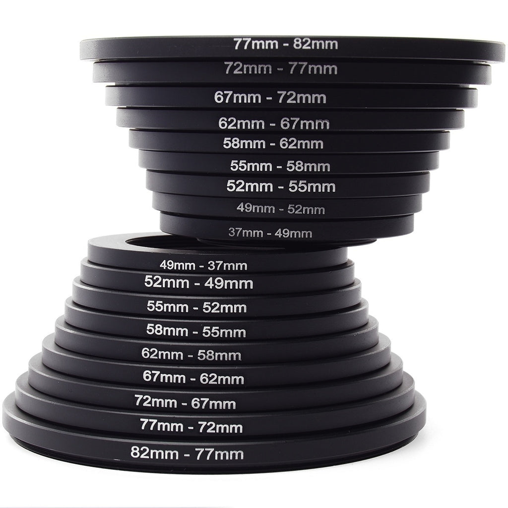 18pcs Adapter Ring: 9x Step Up + 9x Step Down 37 49 52 55 58 62 67 72 77 82mm for Nikon Canon Sony DSLR Camera Lens