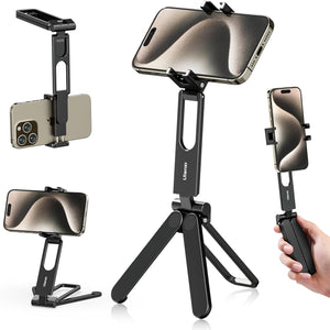 Ulanzi MA26 Foldable Phone Tripod - Pocket Cell Phone Vlog Video Tripod Handle Aluminium Smartphone Desk Stand 2 Cold Shoe Small Size All in One Lightweight Portable Vlog Stick for iPhone Samsung