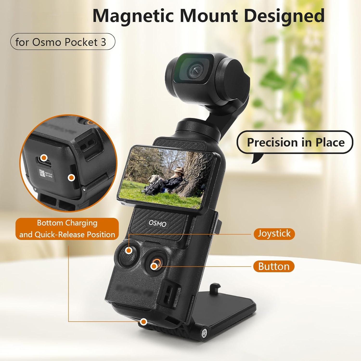 Magnetic Mount Stand for DJI Osmo Pocket 3, Pocket3 Accessories Expansion Adapter Magnet Suction Case Holder on Desktop, Vertical Surface, 180° Adjustable, Quick Fixation, Black