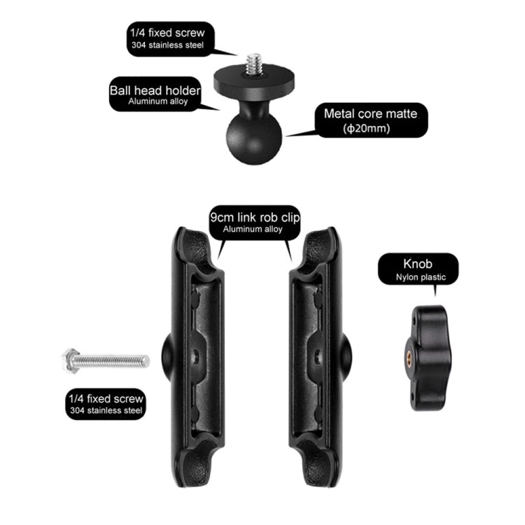 9cm Connecting Rod 20mm Ball Head Motorcycle Rearview Mirror Fixed Mount Holder with Tripod Adapter & Screw for GoPro, Insta360, DJI and Other Action Cameras