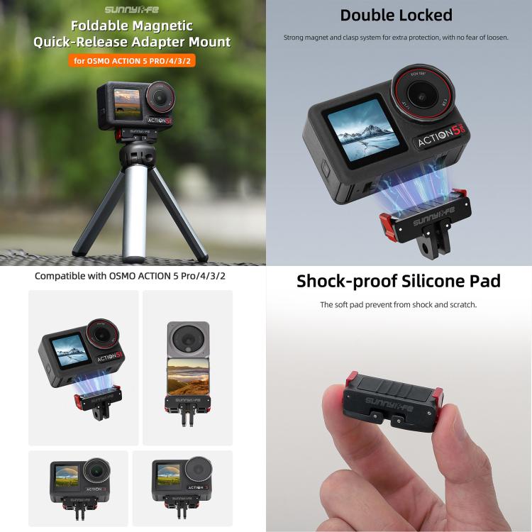 For DJI Osmo Action 5 Pro / 4 / 3 Sunnylife Foldable Magnetic Quick Release Mount + Magnetic Cold Shoe Adapter, AD938+AD887