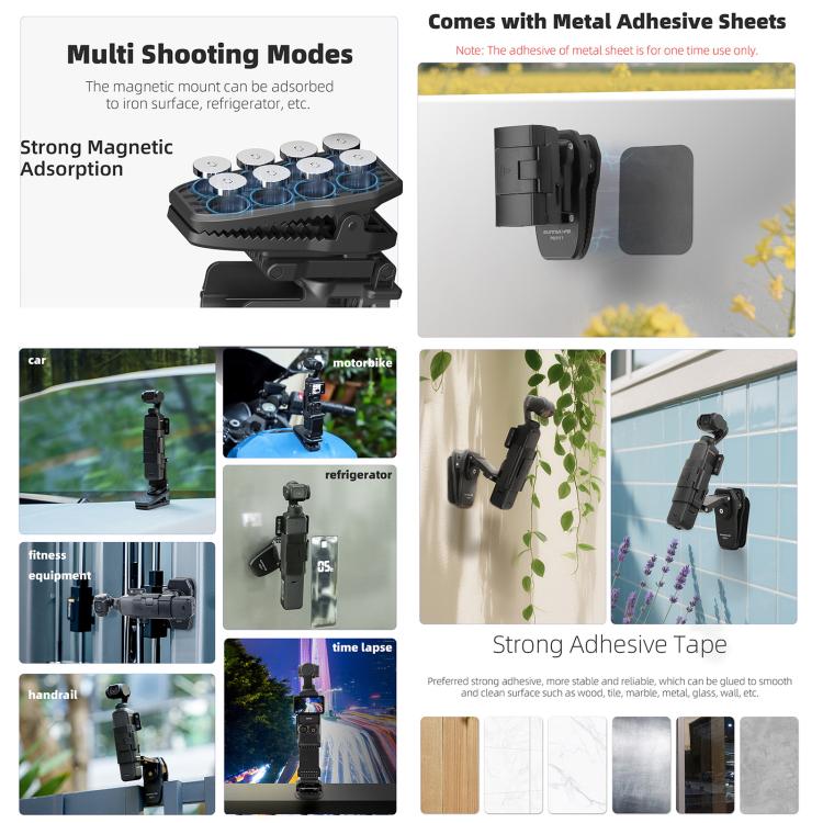 For DJI Osmo Pocket 3 Sunnylife Stretchable Backpack Clip Rotatable Magnetic Mount Action Camera Holder Vlog Mount