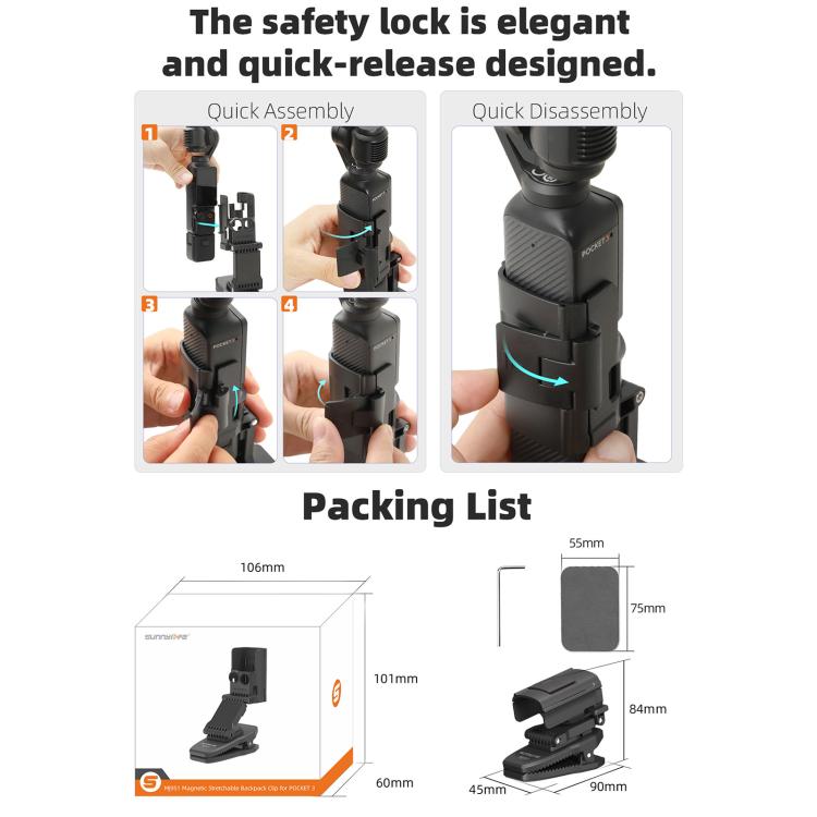 For DJI Osmo Pocket 3 Sunnylife Stretchable Backpack Clip Rotatable Magnetic Mount Action Camera Holder Vlog Mount