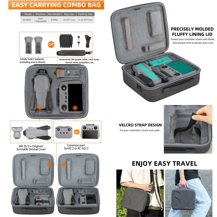 For DJI Air 3S / Air 3 Sunnylife Carrying Case Bag, A3-B658 Drone Body Bag, A3-B659 Simplified Bag, A3-B660 Batteries Bag, B657 RC 2 / 1 Control Bag