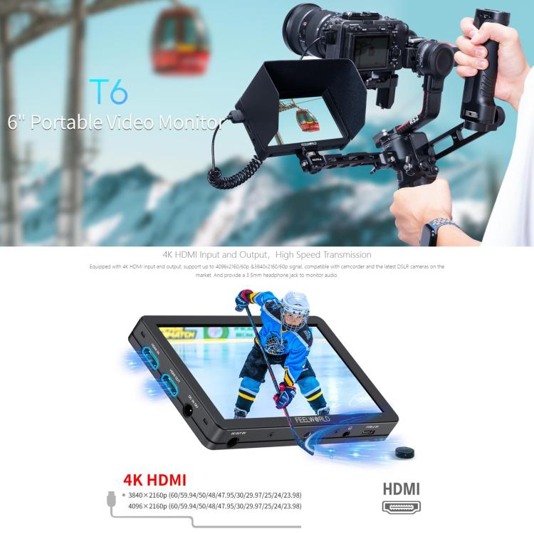 FEELWORLD T6 6 inch Camera Field Video Monitor Aluminium Housing 4K HDMI-compatible 1920x1080 IPS