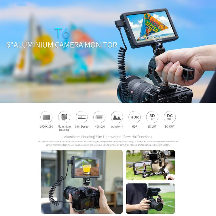 FEELWORLD T6 6 inch Camera Field Video Monitor Aluminium Housing 4K HDMI-compatible 1920x1080 IPS
