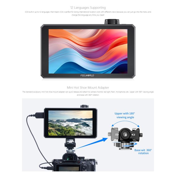 FEELWORLD SC6 6-inch 1500nit High Brightness Aluminium Filed Camera Video Monitor 3G SDI 4K HDMI-compatible 60Hz 1920 x 1080 IPS Screen