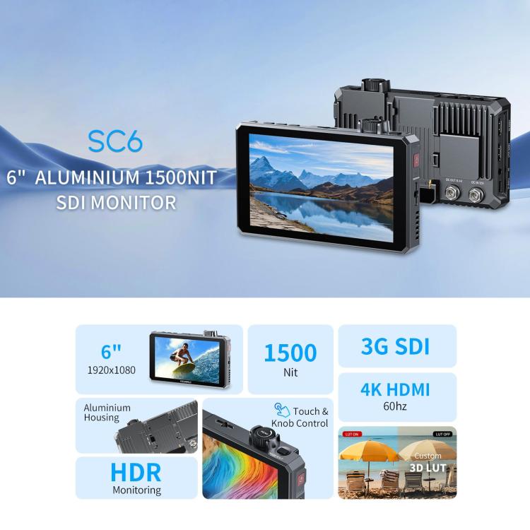 FEELWORLD SC6 6-inch 1500nit High Brightness Aluminium Filed Camera Video Monitor 3G SDI 4K HDMI-compatible 60Hz 1920 x 1080 IPS Screen