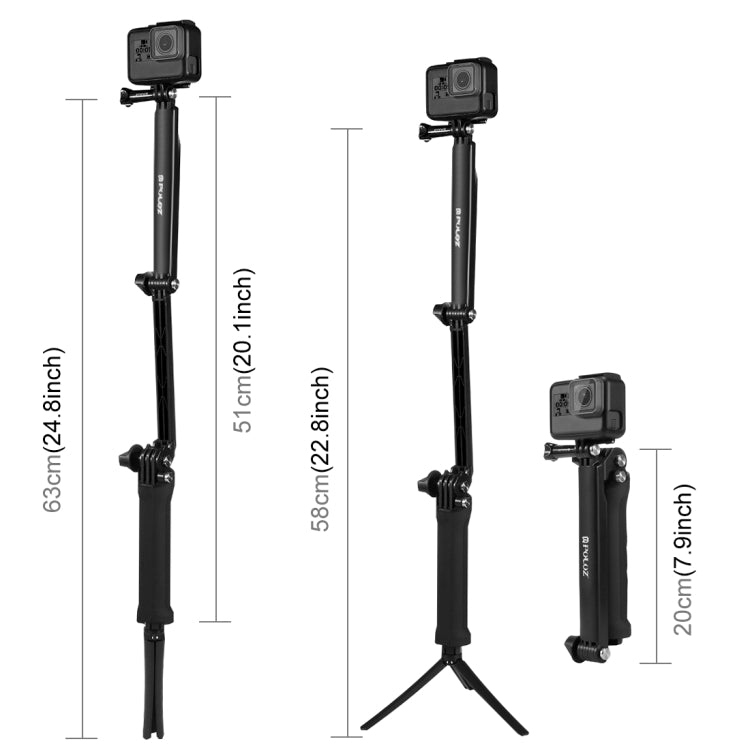 PULUZ 3-Way Grip Foldable Tripod Selfie-stick Extension Monopod for GoPro, Insta360 ONE R, DJI Osmo Action and Other Action Cameras, Length: 20-58cm, Length: 20-58cm, Length: 20-58cm(AE)