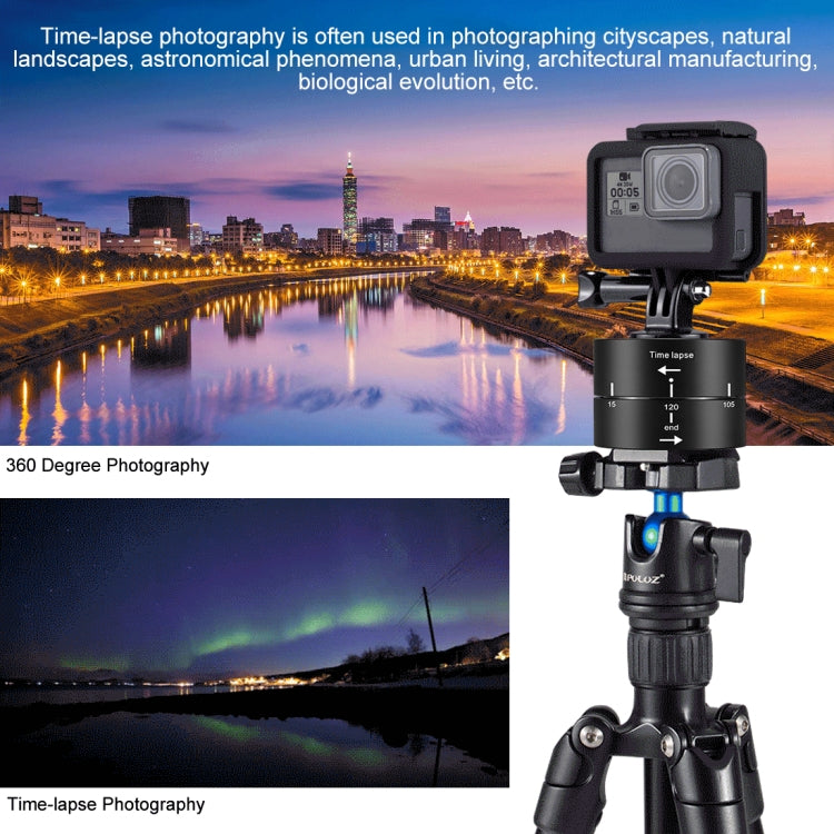 PULUZ 360 Degrees Panning Rotation 120 Minutes Time Lapse Stabilizer Tripod Head Adapter for GoPro HERO12 Black /11 Black /10 Black / 9 Black /8 Black / HERO7 /6 /5 /5 Session /4 Session /4 /3+ /3 /2 /1, Xiaoyi and Other Action Cameras, 120 Minutes