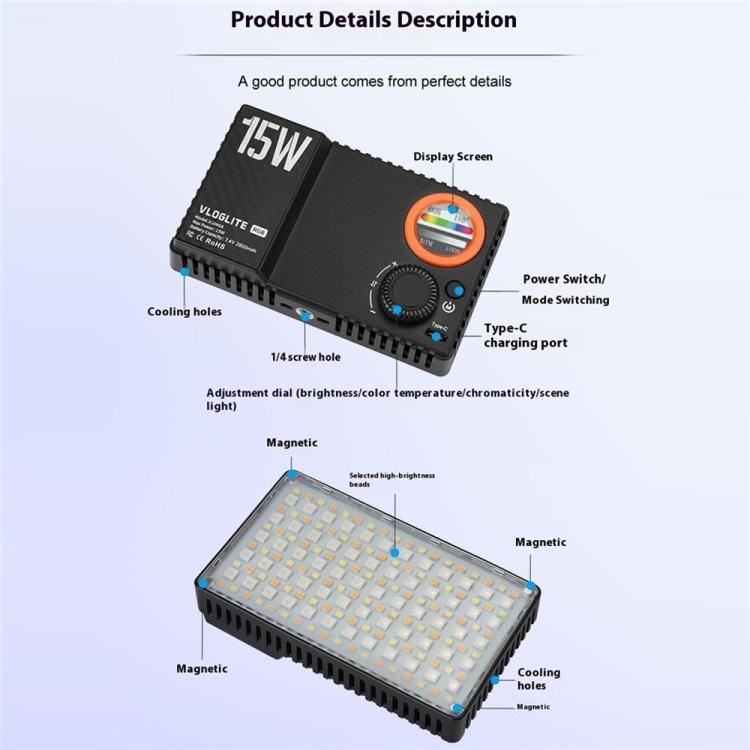 VLOGLITE K15RGB Photography Studio Camera Lamp 15W Full Color Fill Light RGB LED Video Light