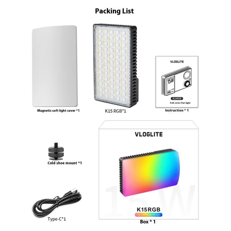 VLOGLITE K15RGB Photography Studio Camera Lamp 15W Full Color Fill Light RGB LED Video Light