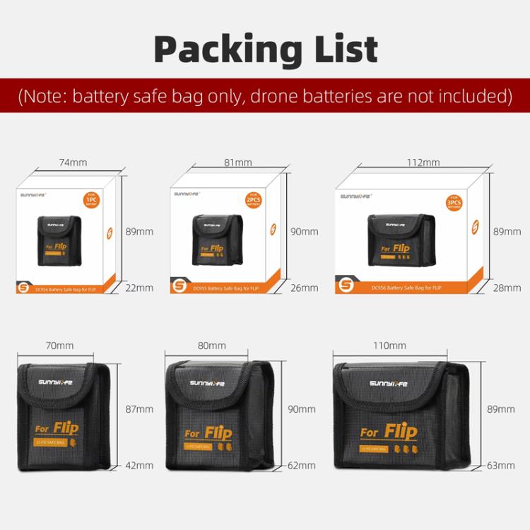 For DJI Flip Sunnylife Battery Explosion Proof Bag Li-ion Safety Storage Bag Flame Retardant Protective Bag, Small (For 1 Battery), Medium (For 2 Batteries), Large (For 2 Batteries)