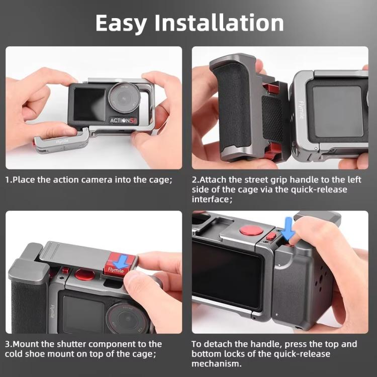 Flymile Street Shooting Handle Kit for DJI Osmo Action 5 Pro/4/3 Action Camera Aluminum Expansion Cage, AC5015 Cage